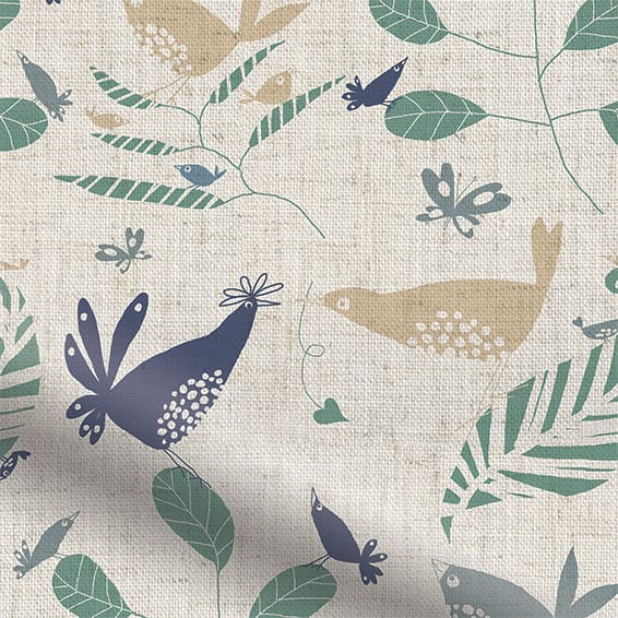 Hygge Birds Vintage Linen Pastoral Blue Curtains